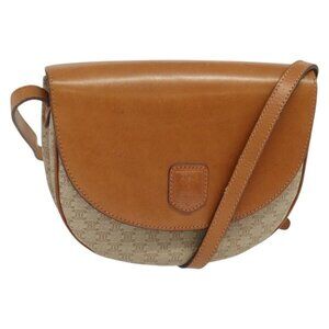 Authentic CELINE Macadam Canvas Shoulder Bag PVC Leather Beige Gold